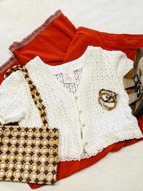 Vintage Eber San Francisco Crochet Cardigan Ivory Boho Cottagecore Knit Top USA